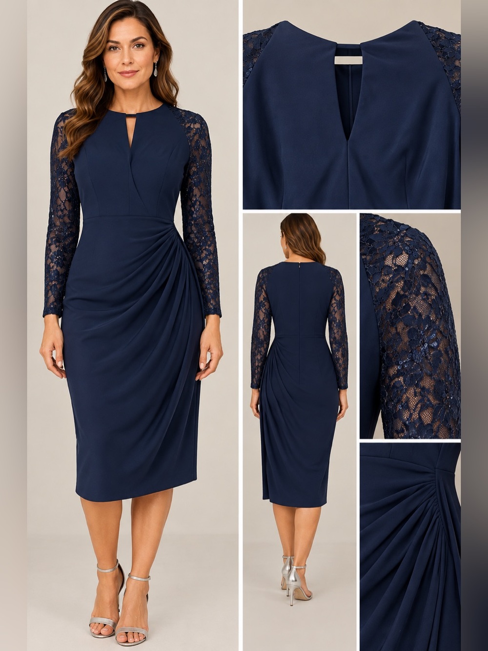 Betsy & Adam Navy Lace-Sleeve Midi Dress